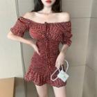 Flower Print Off-shoulder Mini A-line Dress As Shown In Figure - One Size