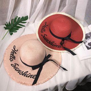 Lettering Bow Fringed Straw Hat