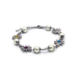 Rhinestone Star Faux Pearl Stainless Steel Bracelet 316l - Yellow & Pink & Light Blue Rhinestone - Silver - One Size