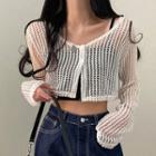 Long-sleeve Perforated Button-up Crop Top