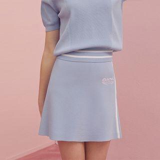 Logo-embroidered Piped A-line Knit Skirt Light Blue - One Size