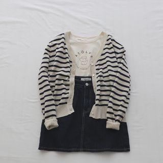 V-neck Two Tone Striped Knit Cardigan Almond - One Size