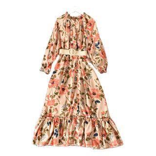 Long-sleeve Floral Print Maxi A-line Dress As Show - One Size