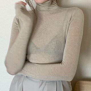 Long-sleeve Turtleneck Sheer Knit Top