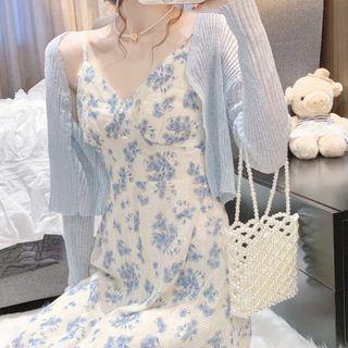 Spaghetti Strap Floral Print Dress + Light Cadigan