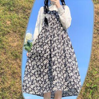 Plain Shirt / Flower Print A-line Overall Dress