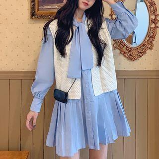 Long-sleeve Tie-neck Pleated A-line Mini Dress / Knit Vest