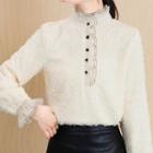 Ruffle Trim Mock Neck Button-detail Top