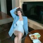 Denim Long-sleeve Shirt / Spaghetti Strap Mini Bodycon Dress