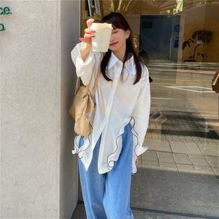 Ruffle Trim Slit Blouse / Wide-leg Jeans