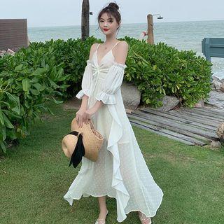 3/4-sleeve Cold Shoulder Maxi Beach Dress