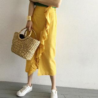 Frilled Linen Blend H-line Long Skirt