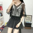 Elbow-sleeve Lace Buttoned Jacket