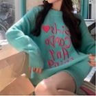 Letter Embroidered Sweater Turquoise Green - One Size