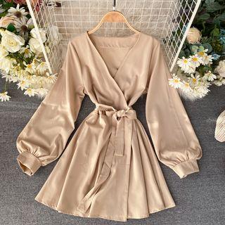 Long-sleeve Tie Waist Mini A-line Dress Khaki - One Size