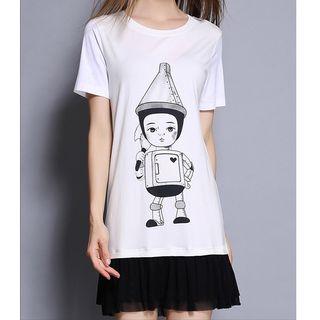 Printed Mesh Trim Short Sleeve T-shirt Dress