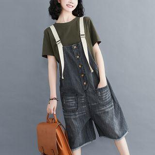 Contrast Strap Denim Wide-leg Jumper Shorts