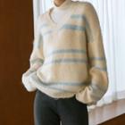 V-neck Piped Fluffy Sweater Light Beige - One Size