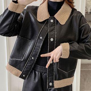 Faux Leather Fleece Panel Button-up Jacket