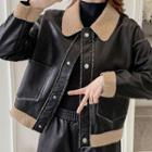 Faux Leather Fleece Panel Button-up Jacket