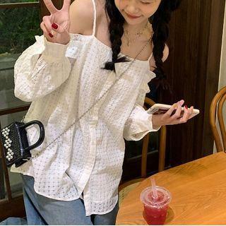 Long-sleeve Cold-shoulder Blouse White - One Size