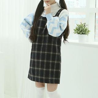 Woolen Plaid Mini Overall Dress