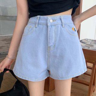 Flower Embroidered High-waist Denim Wide-leg Shorts