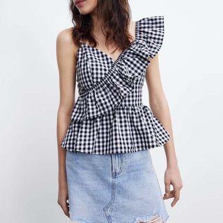 Sleeveless Asymmetrical Ruffled Gingham Blouse