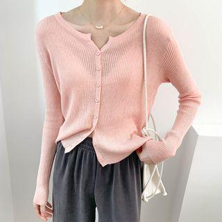 V-neck Plain Knit Button-up Cardigan