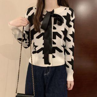 Bow-neck Houndstooth Cardigan