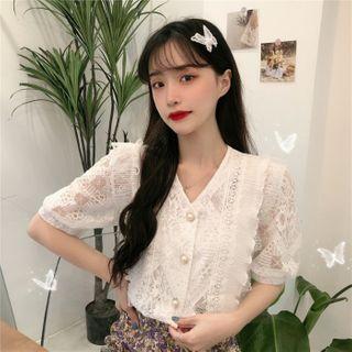 Lace Short Sleeve V-neck Blouse