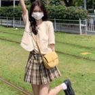 Set: Short Sleeve V-neck Contrast Trim Cardigan + Plaid Mini Skirt