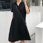 Short-sleeve Pleated Dress Black - One Size