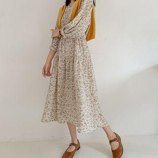 V-neck Shirred Midi Floral Dress