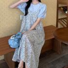 Short-sleeve Blouse / Spaghetti Strap Floral Print Midi A-line Dress