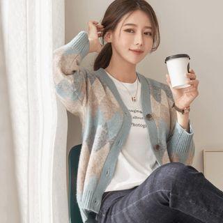 V-neck Color-block Argyle Cardigan