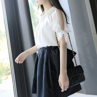 Set: Elbow-sleeve Shoulder Cut Out Blouse + A-line Skirt