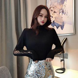 Long-sleeve Lace Panel Polka Dot Top