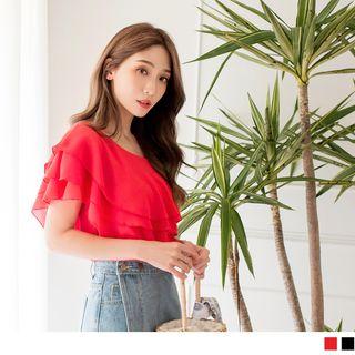One-shoulder Ruffled Layered Chiffon Top