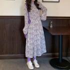 Floral Print Long-sleeve A-line Midi Dress Purple - One Size