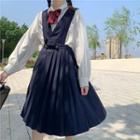 Long-sleeve Shirt / Pleated A-line Midi Pinafore Dress