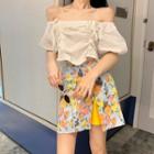 Cold-shoulder Drawstring Blouse / Floral Print A-line Skirt