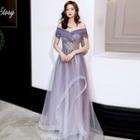 Short-sleeve Ombre Off-shoulder A-line Evening Gown