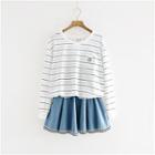 Contrast-stripe Denim A-line Skirt