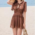 Set: Lace Trim Bikini Top + Swim Bottom + See-through Short Sleeve Cover-up