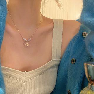 Chinese Characters Faux Pearl Pendant Alloy Necklace Gold & White - One Size