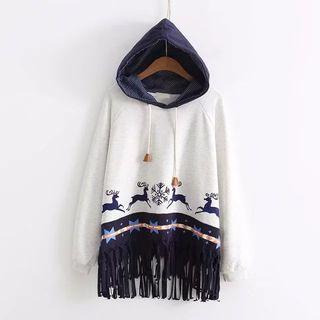 Deer Print Fringed Hoodie