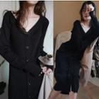 V-neck Buttoned Midi Knit Dress Black - One Size