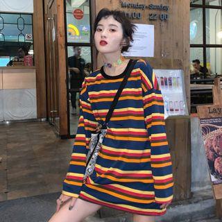 Rainbow Striped Long-sleeve Top As Shown In Figure - One Size