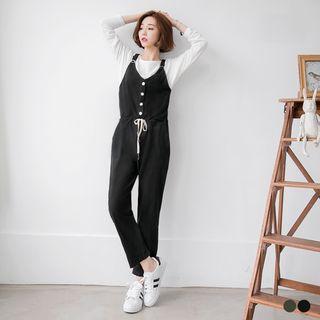 Washed Cotton Drawstring Suspender Pants